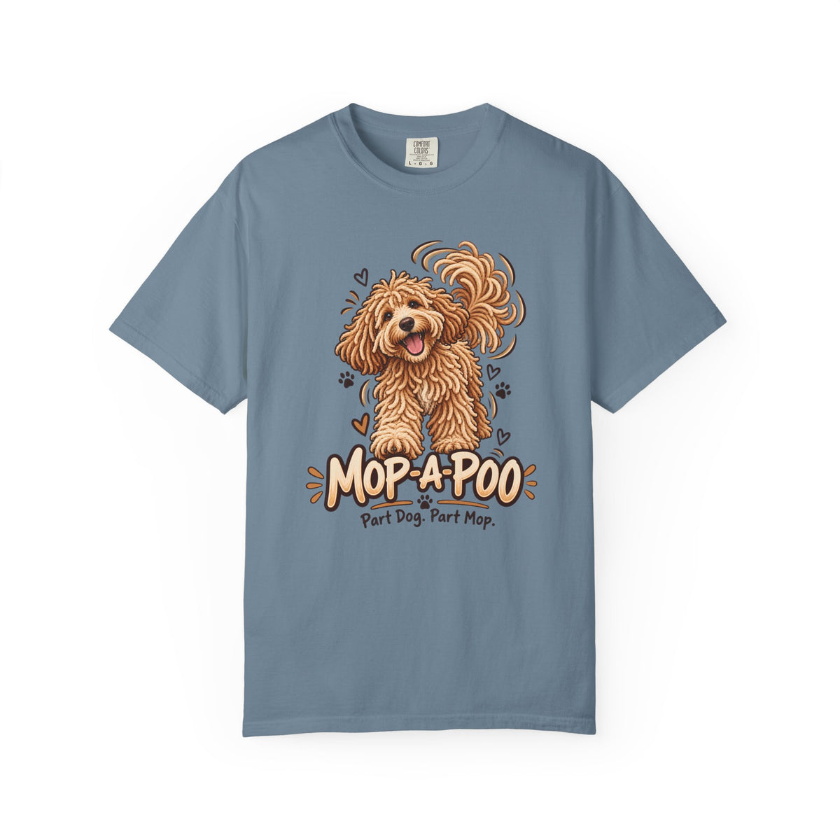 Blue Mop-a-poo T-shirt, featuring a golden shaggy dog with a sweeping tail and the wording “Mop-a-poo — Part Dog. Part Mop.”