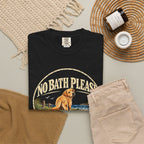 Flat-lay Brinehound T-shirt mockup showing dog in a No Bath Please coastal badge.