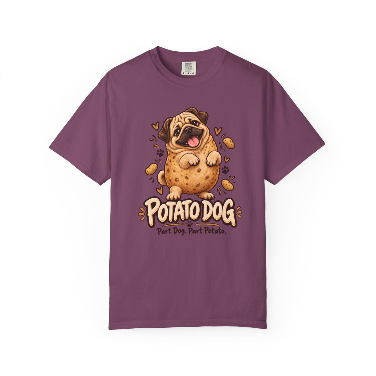 Brinehound T-shirt showing Potato Dog lettering and a round pug.