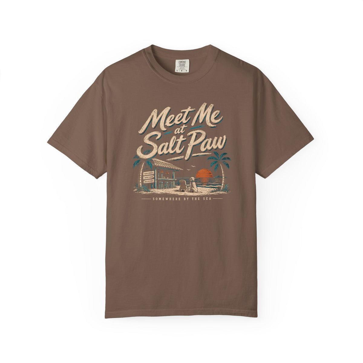 Brinehound T-shirt showing Meet Me at Salt Paw lettering and a beach-bar scene.
