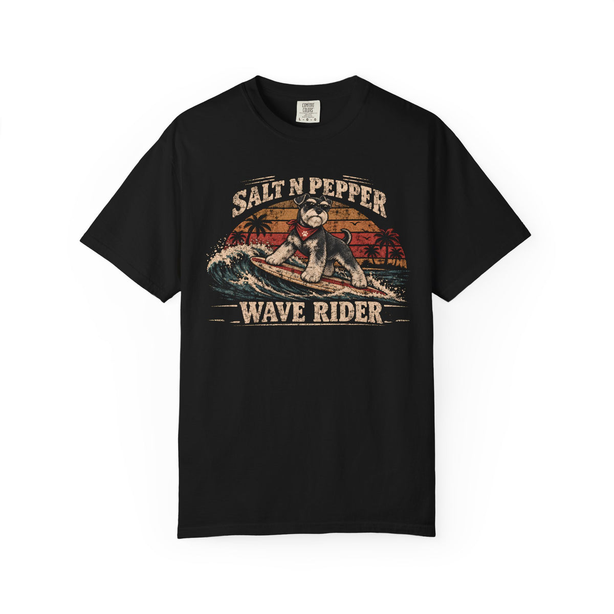 A black short-sleeve crewneck t-shirt featuring a vintage-style graphic of a dog surfing with the text 'SALT N PEPPER' above and 'WAVE RIDER' below, displayed on a clean white background.