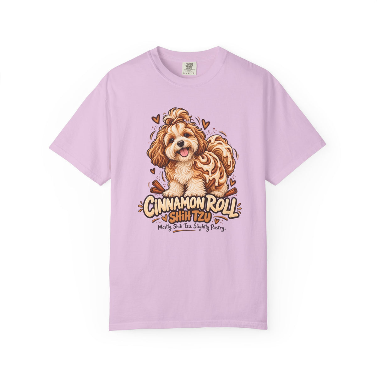Orchid purple Cinnamon Roll Shih Tzu T-shirt, featuring a shaggy Shih Tzu combined with a cinnamon pastry swirl and the wording “Cinnamon Roll Shih Tzu — Mostly Shih Tzu. Slightly Pastry.”