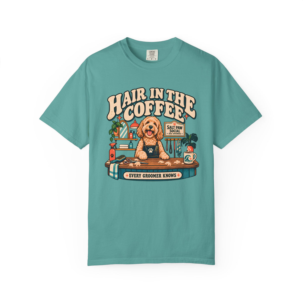 Brinehound T-shirt showing Hair in the Coffee lettering with a shaggy dog and grooming tools.