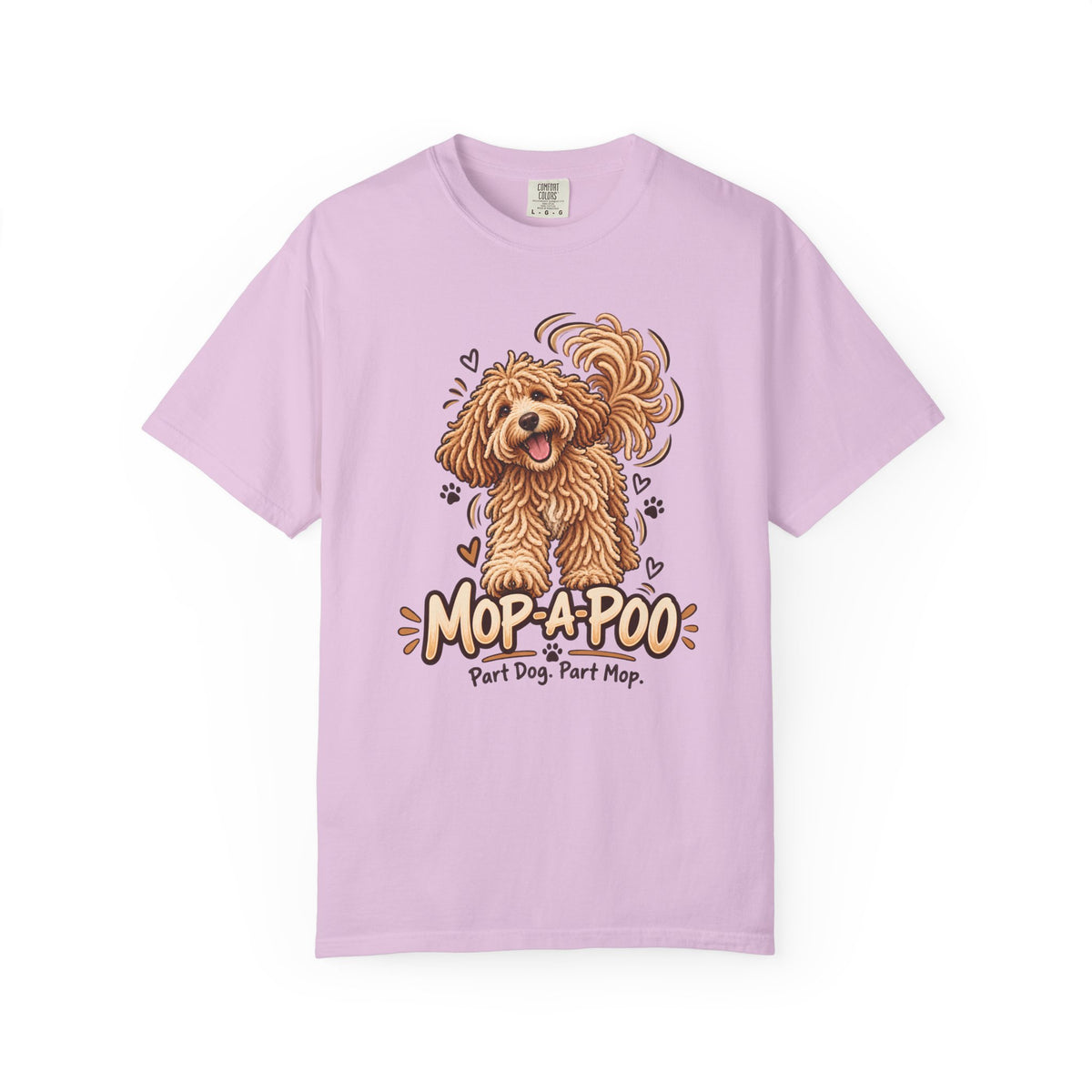 Orchid purple Mop-a-poo T-shirt, featuring a golden shaggy dog with a sweeping tail and the wording “Mop-a-poo — Part Dog. Part Mop.”
