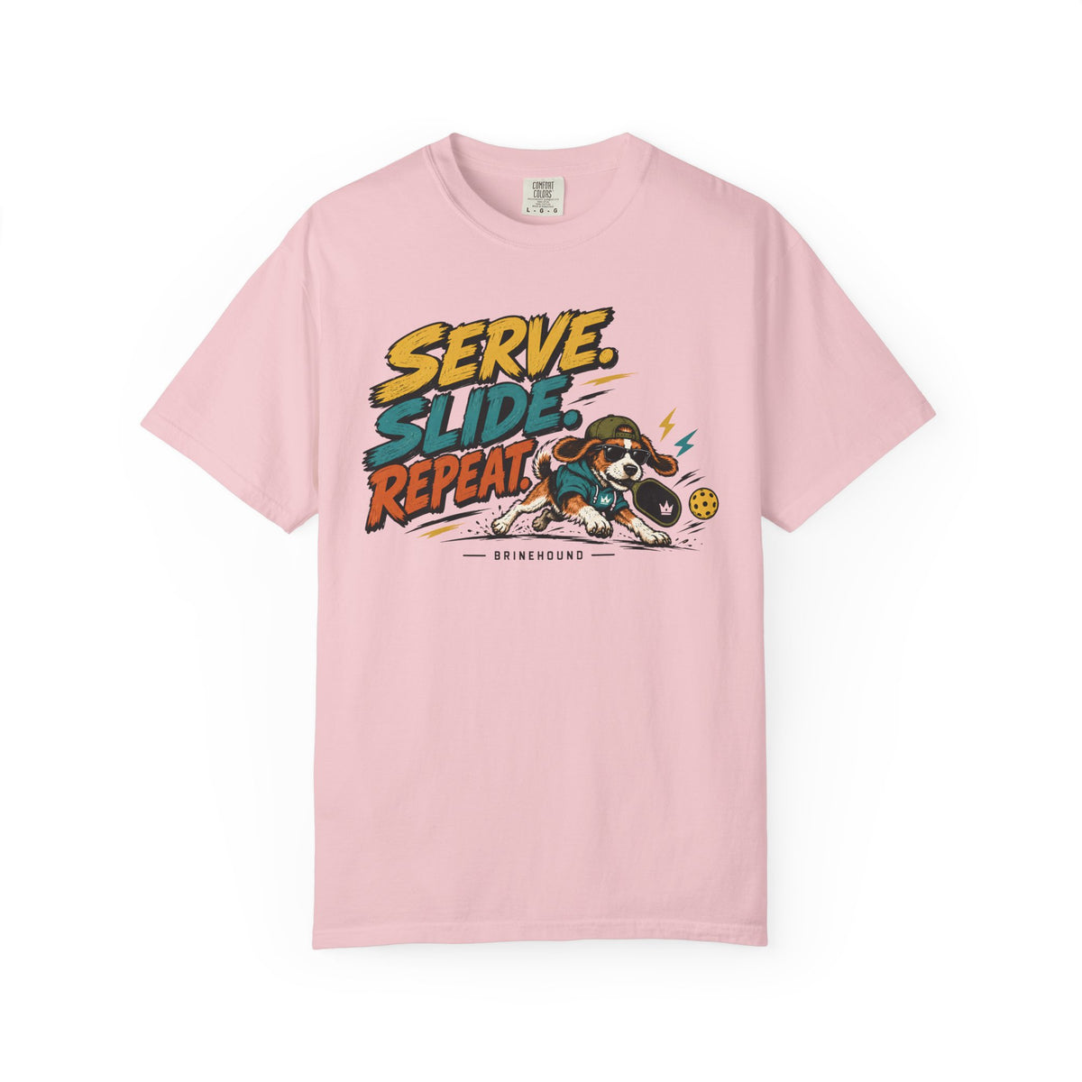 Brinehound T-shirt showing Serve Slide Repeat lettering and a dog in action.