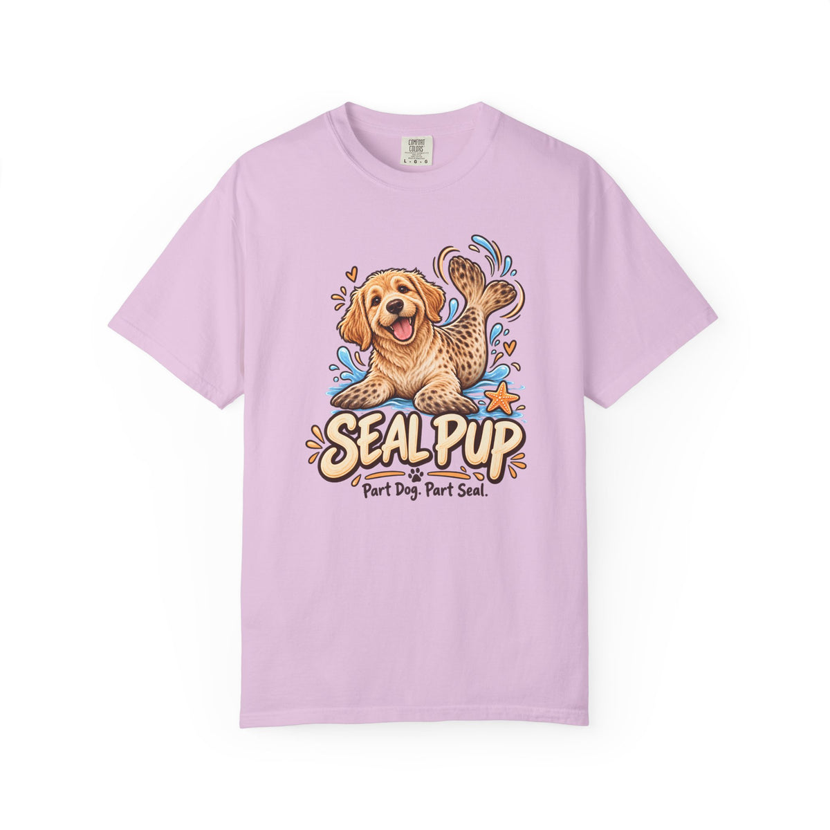 Orchid purple Seal Pup T-shirt, featuring a golden dog with seal flippers and blue splashes and the wording “Seal Pup — Part Dog. Part Seal.”
