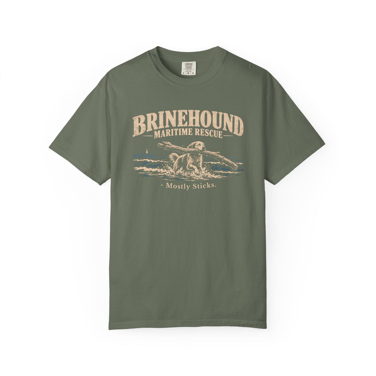 Brinehound T-shirt showing Brinehound Maritime Dogs lettering and a coastal dog illustration.