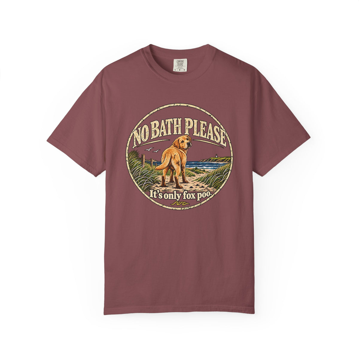 Brinehound T-shirt showing dog in a No Bath Please coastal badge.