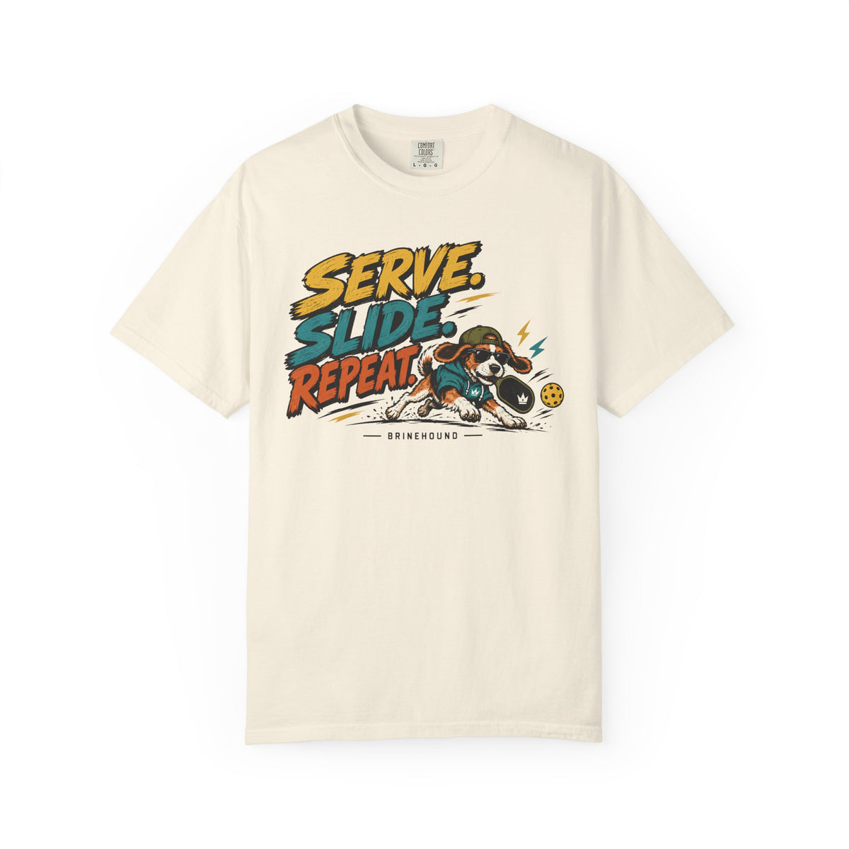 Brinehound T-shirt showing Serve Slide Repeat lettering and a dog in action.