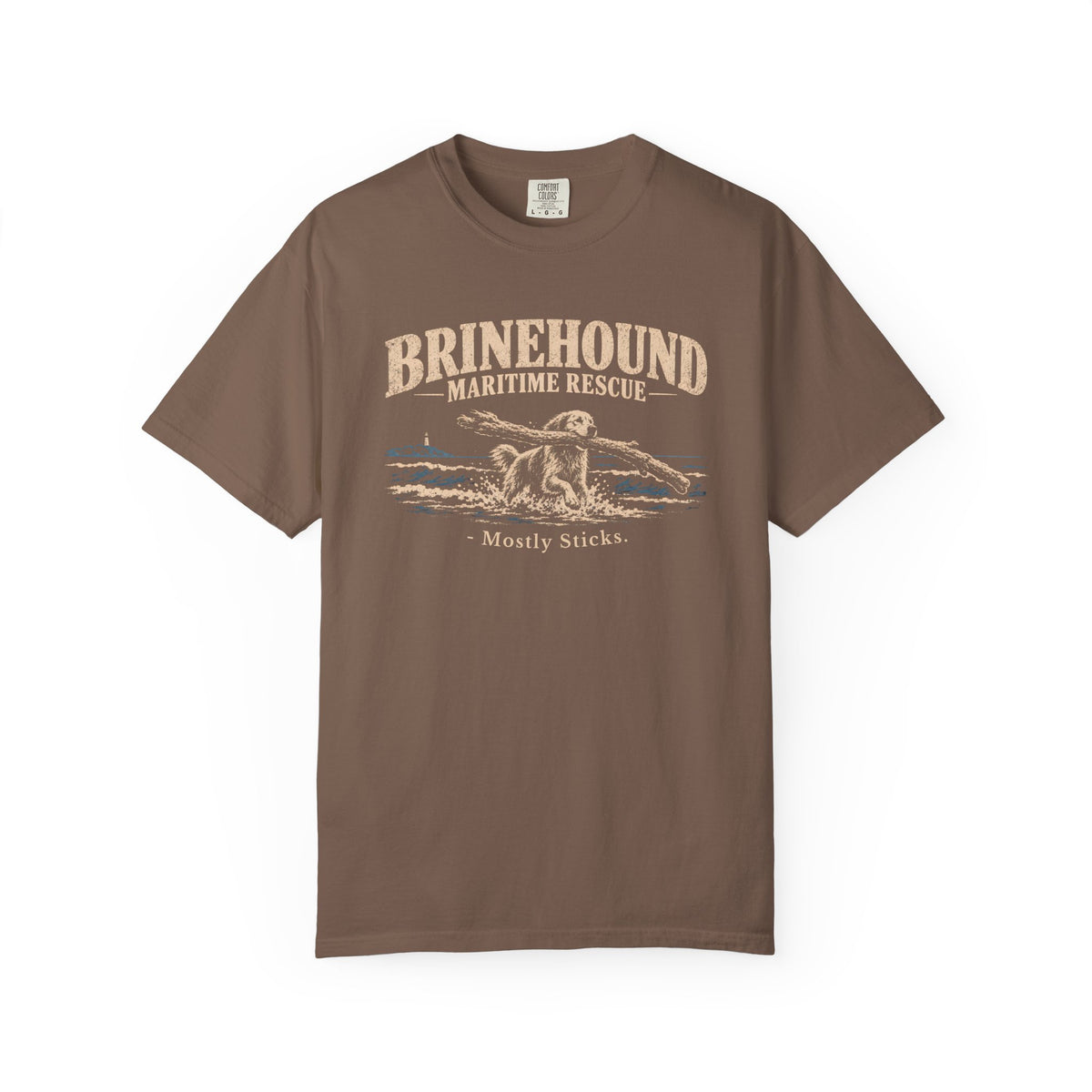 Brinehound T-shirt showing Brinehound Maritime Dogs lettering and a coastal dog illustration.