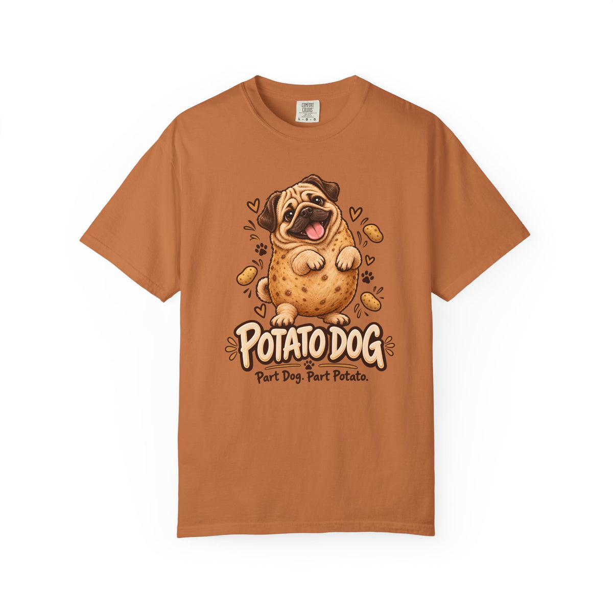 Brinehound T-shirt showing Potato Dog lettering and a round pug.