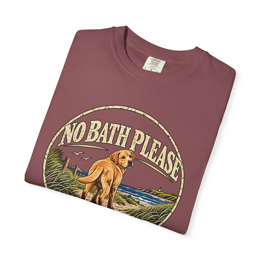 Folded Brinehound T-shirt showing dog in a No Bath Please coastal badge.