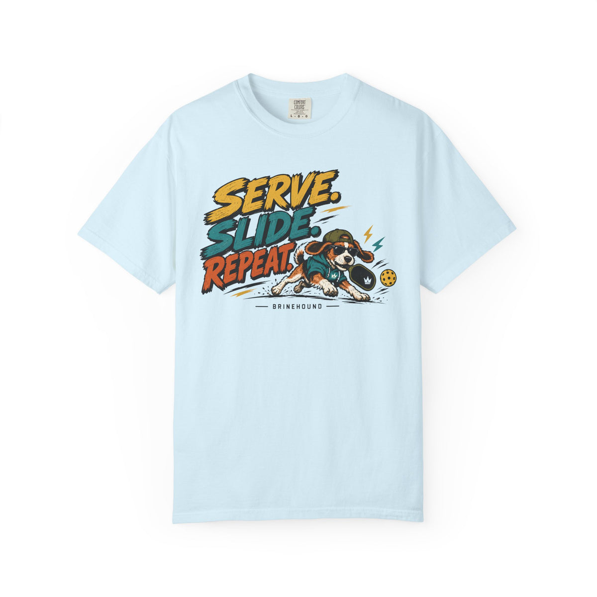 Brinehound T-shirt showing Serve Slide Repeat lettering and a dog in action.