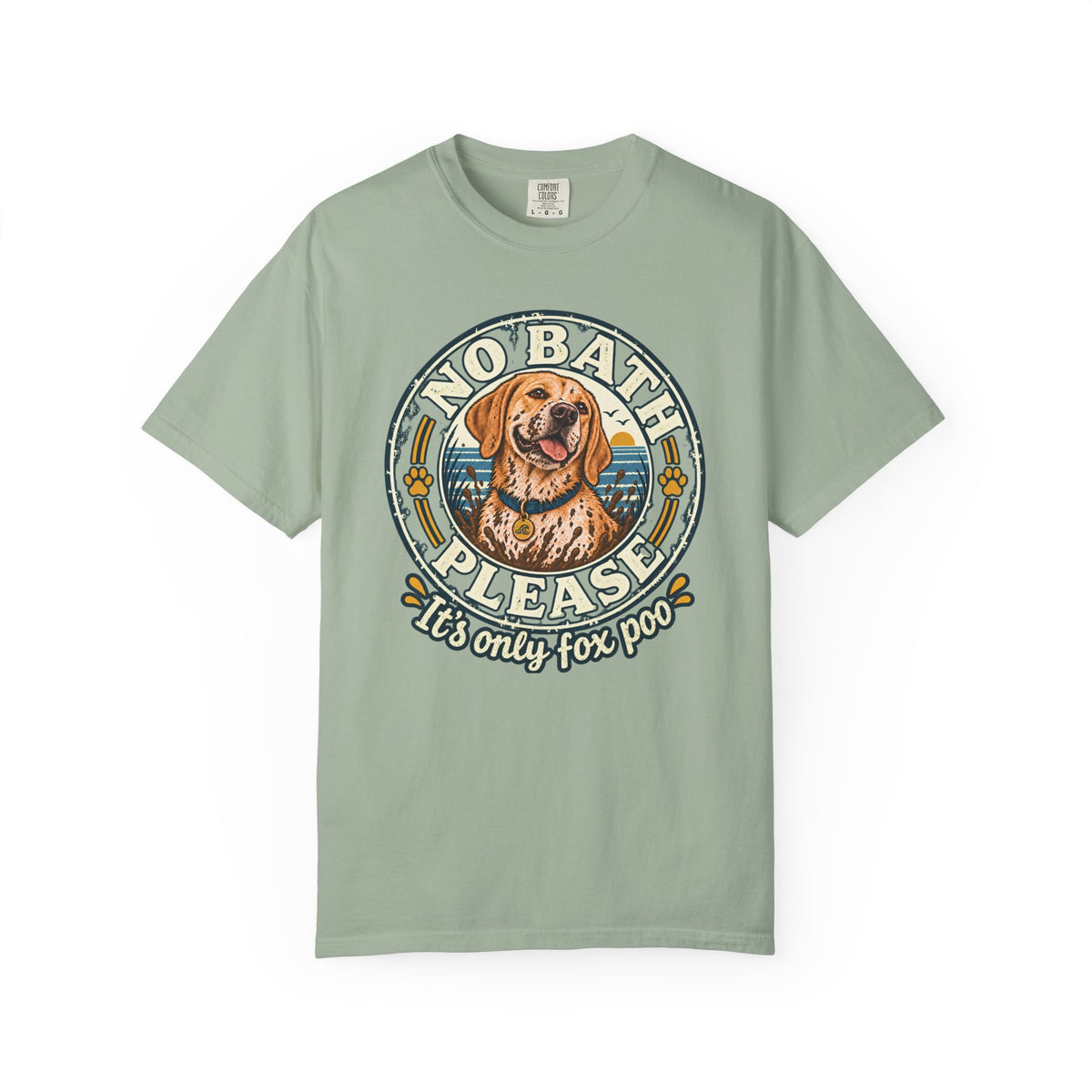 Brinehound T-shirt showing golden spaniel in a No Bath Please coastal badge.