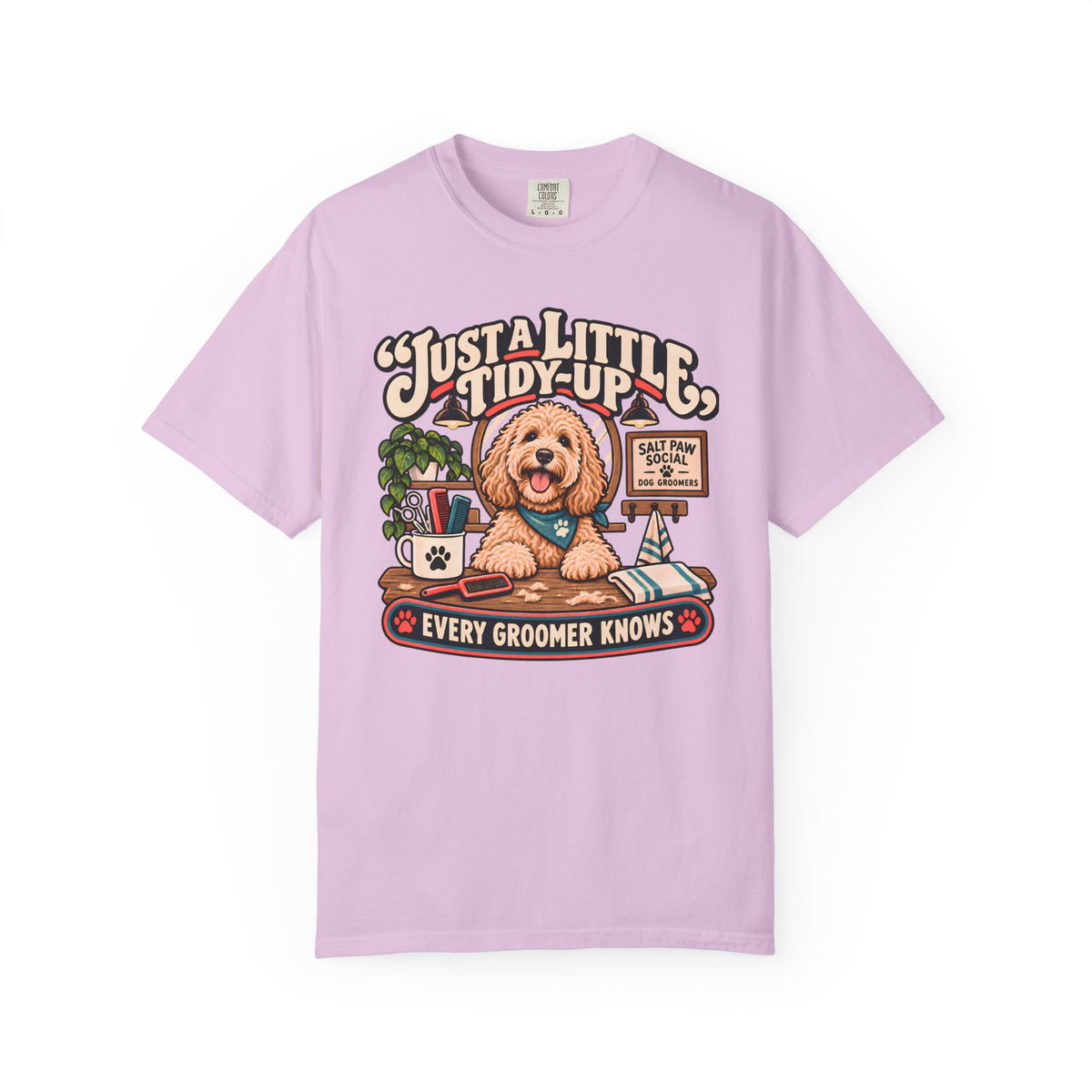 Brinehound T-shirt showing Just a Little Tidy-Up lettering with a shaggy dog and grooming tools.