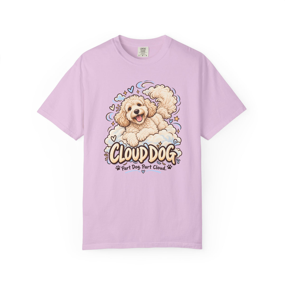 Orchid purple Cloud Dog T-shirt, featuring a fluffy white dog surrounded by blue cloud outlines and stars and the wording “Cloud Dog — Part Dog. Part Cloud.”