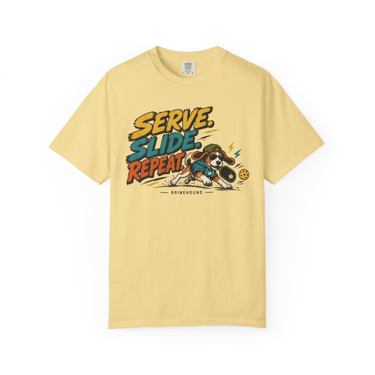 Brinehound T-shirt showing Serve Slide Repeat lettering and a dog in action.