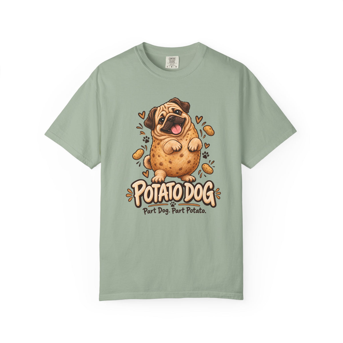 Brinehound T-shirt showing Potato Dog lettering and a round pug.