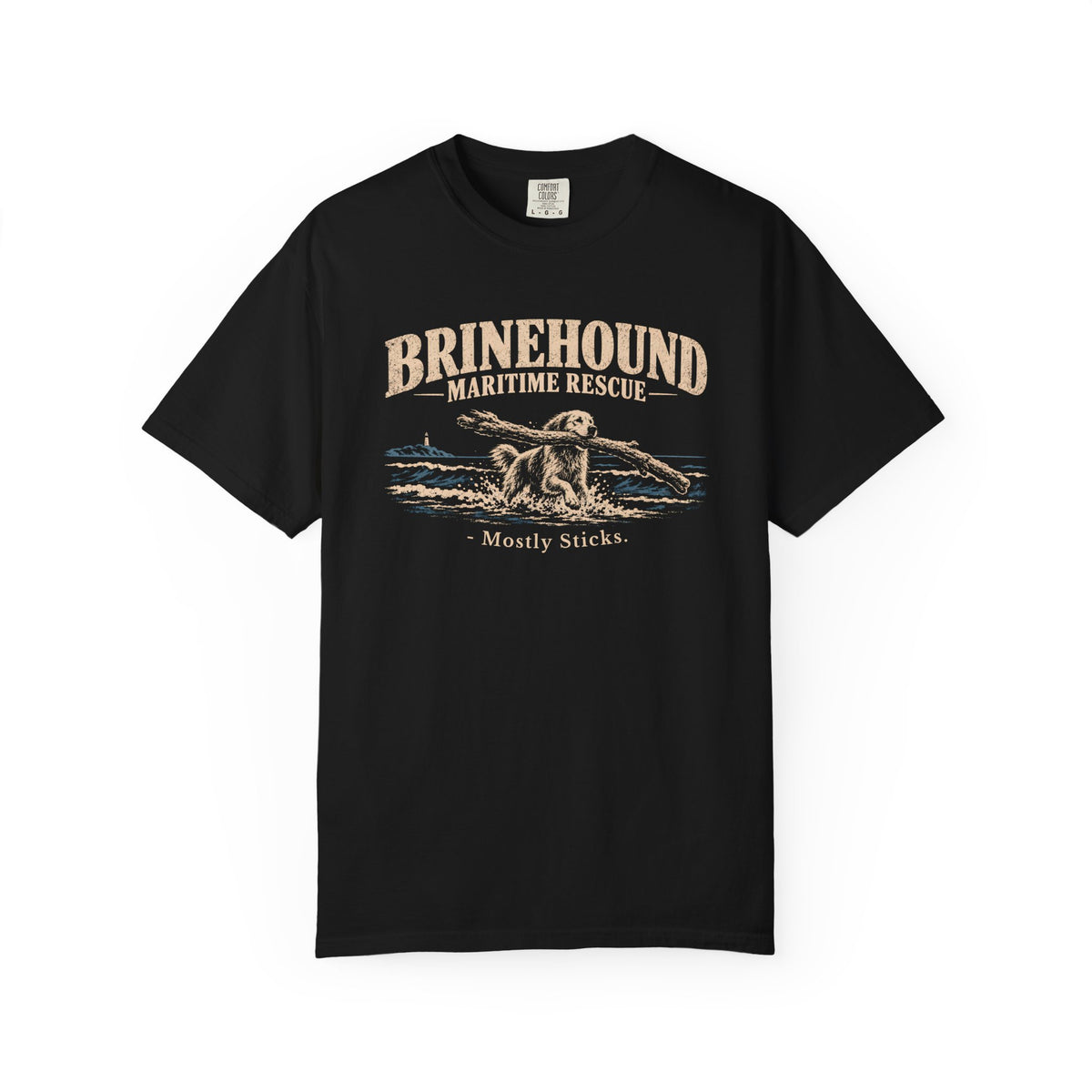 Brinehound T-shirt showing Brinehound Maritime Dogs lettering and a coastal dog illustration.