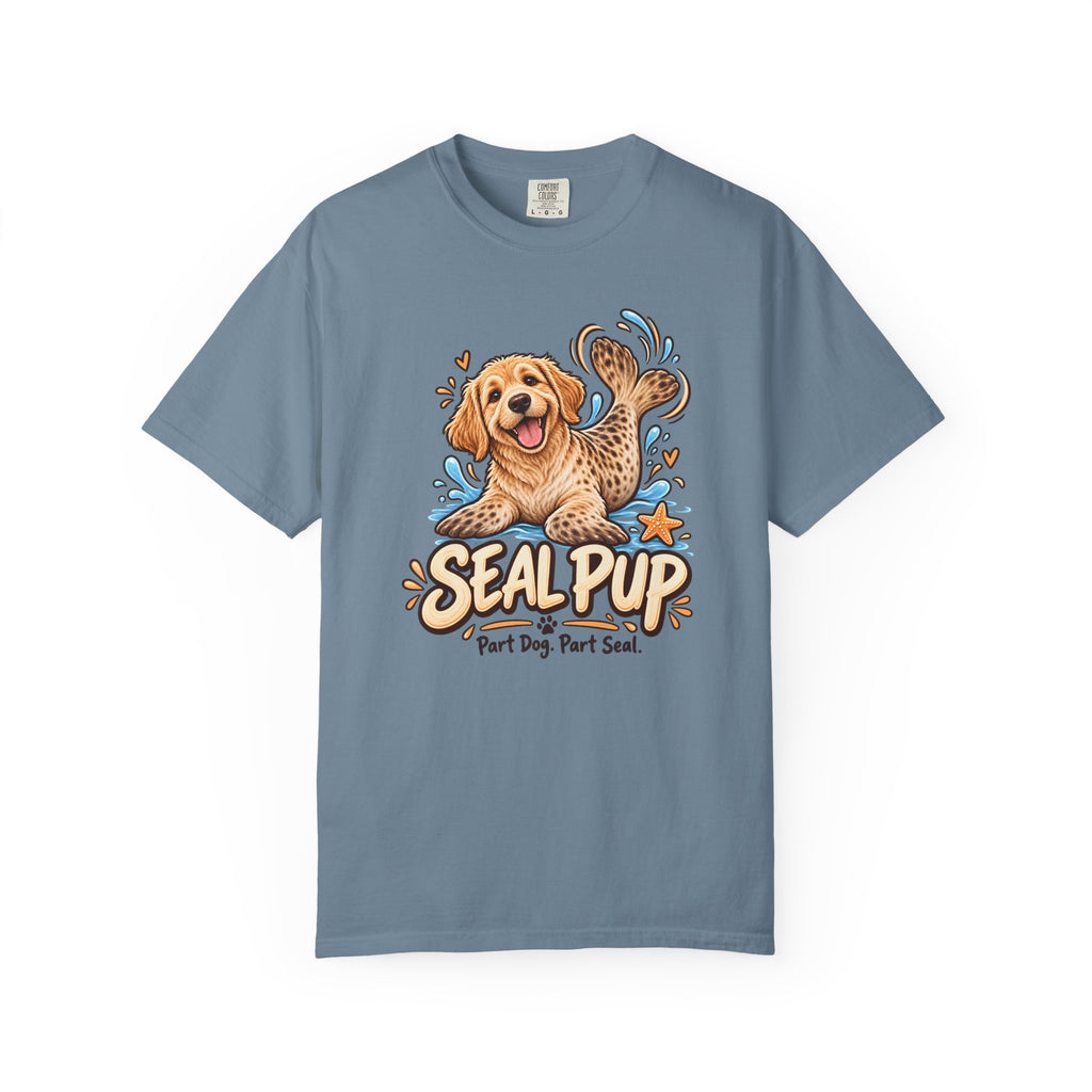 Blue Seal Pup T-shirt, featuring a golden dog with seal flippers and blue splashes and the wording “Seal Pup — Part Dog. Part Seal.”