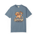 Blue Seal Pup T-shirt, featuring a golden dog with seal flippers and blue splashes and the wording “Seal Pup — Part Dog. Part Seal.”