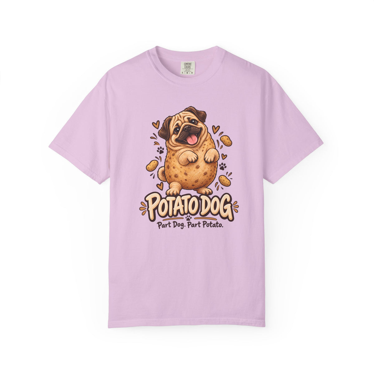 Orchid purple Potato Dog T-shirt, featuring a pug with a potato-shaped body and the wording “Potato Dog — Part Dog. Part Potato.”