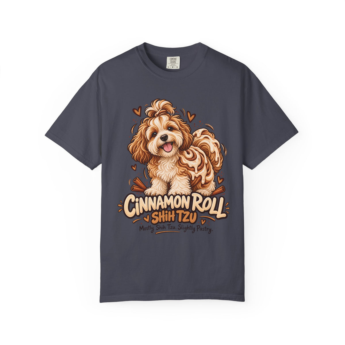 Brinehound T-shirt showing Cinnamon Roll lettering and a shaggy Shih Tzu.