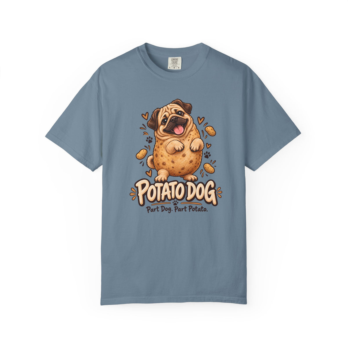 Blue Potato Dog T-shirt, featuring a pug with a potato-shaped body and the wording “Potato Dog — Part Dog. Part Potato.”