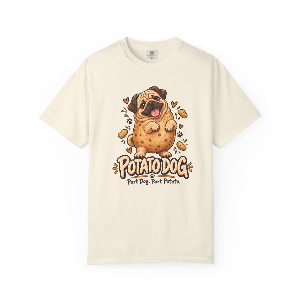 Ivory Potato Dog T-shirt, featuring a pug with a potato-shaped body and the wording “Potato Dog — Part Dog. Part Potato.”