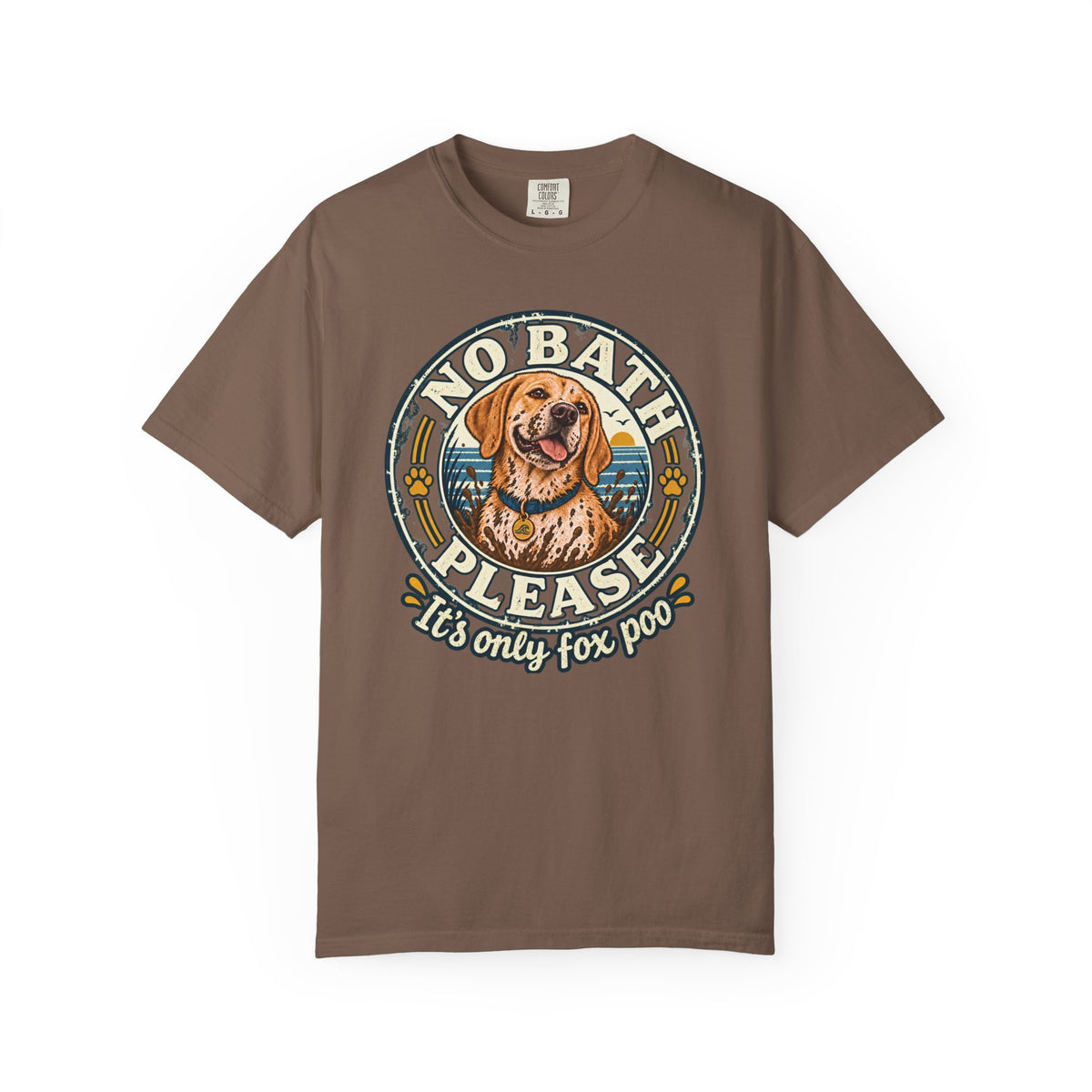 Brinehound T-shirt showing golden spaniel in a No Bath Please coastal badge.
