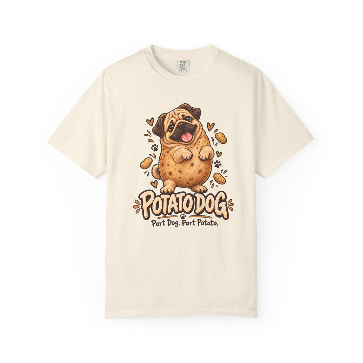 Brinehound T-shirt showing Potato Dog lettering and a round pug.