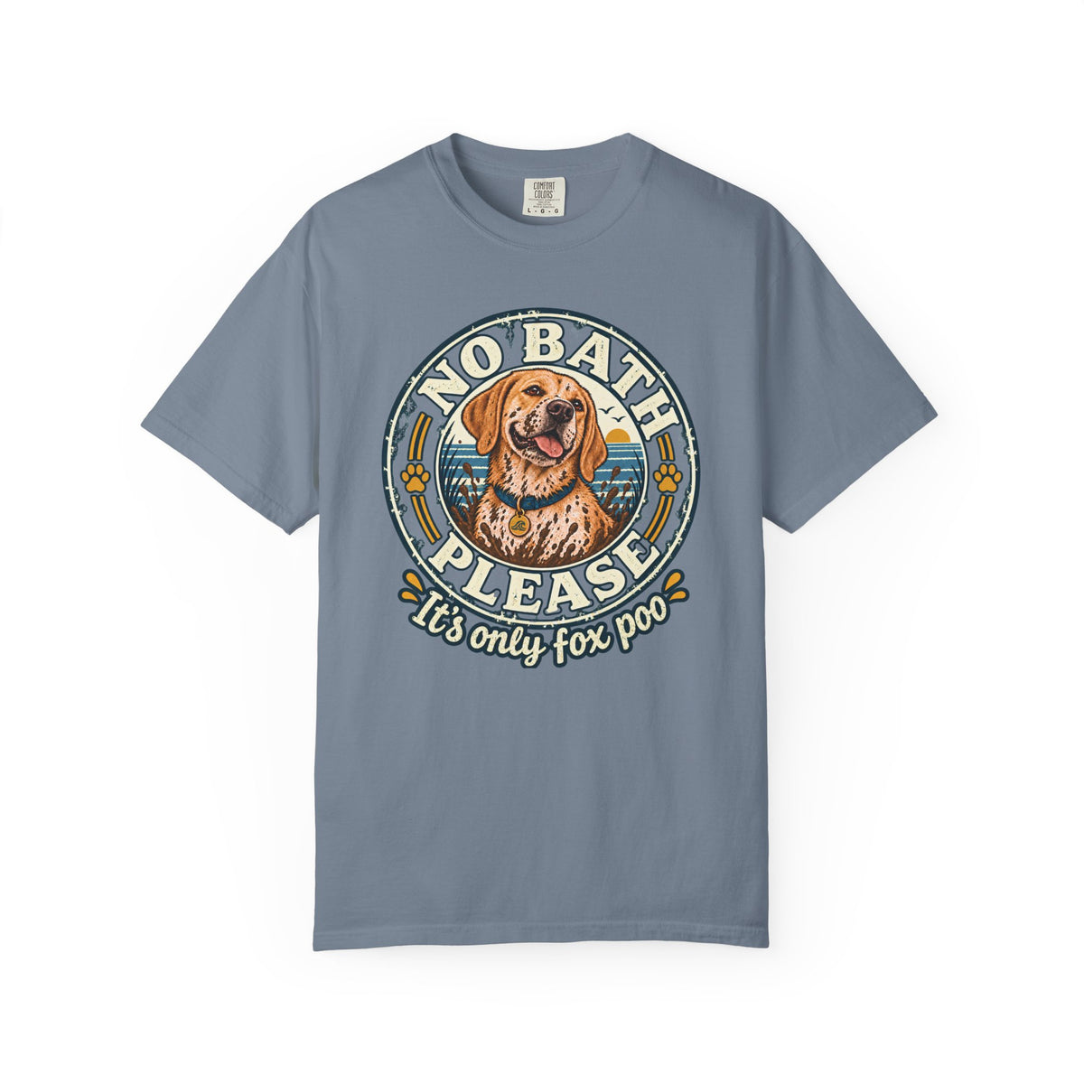 Brinehound T-shirt showing golden spaniel in a No Bath Please coastal badge.