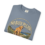 Folded Brinehound T-shirt showing dog in a No Bath Please coastal badge.