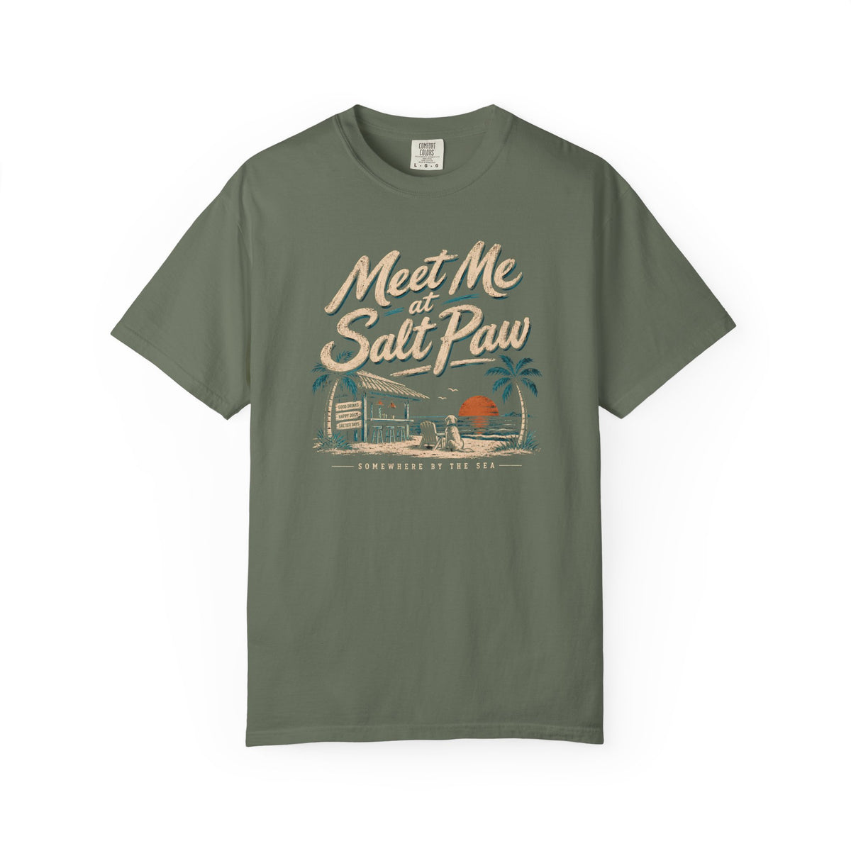 Brinehound T-shirt showing Meet Me at Salt Paw lettering and a beach-bar scene.