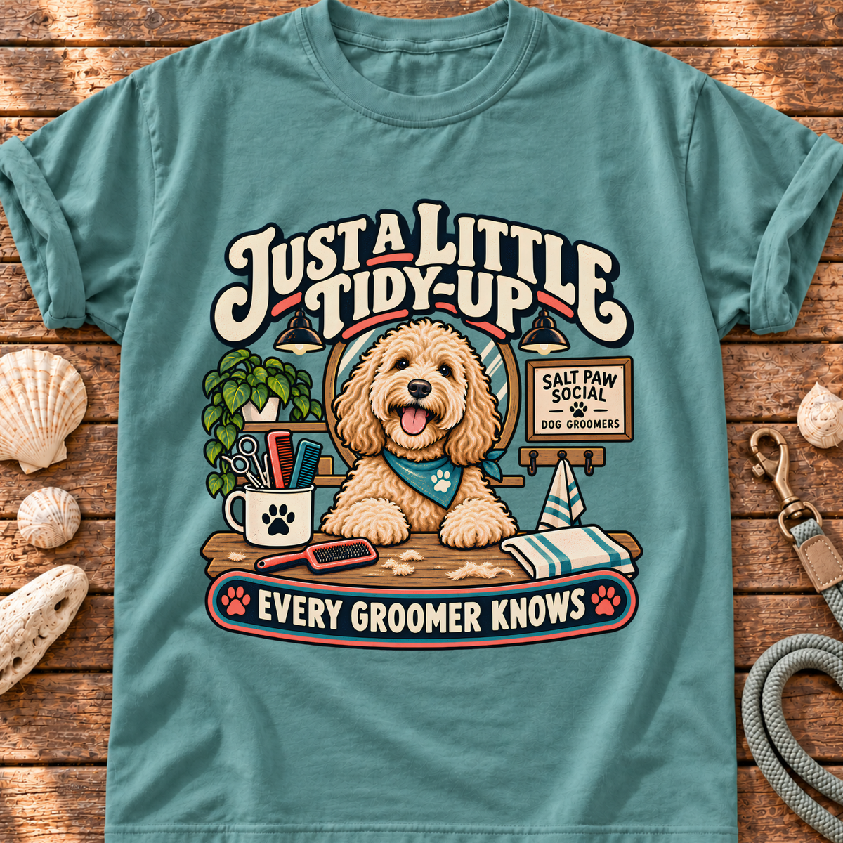 Brinehound T-shirt showing Just a Little Tidy-Up lettering with a shaggy dog and grooming tools.
