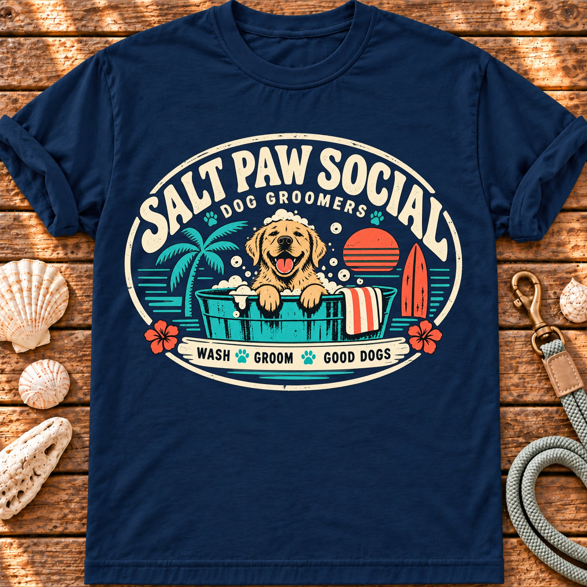 Brinehound T-shirt showing Salt Paw Social groomers badge with a dog in a bath, palm trees and a surfboard.