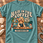 Brinehound T-shirt showing Hair in the Coffee lettering with a shaggy dog and grooming tools.