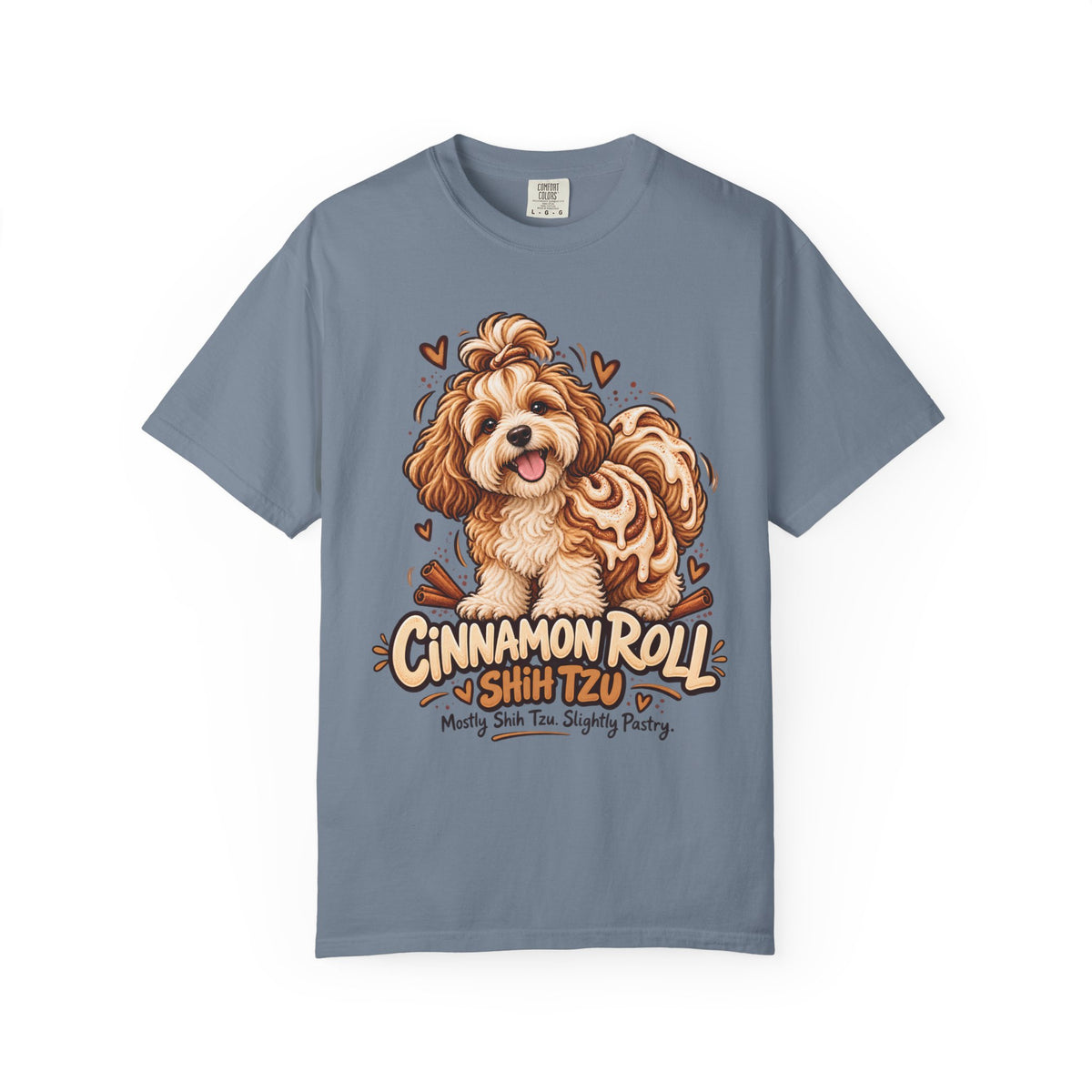 Brinehound T-shirt showing Cinnamon Roll lettering and a shaggy Shih Tzu.
