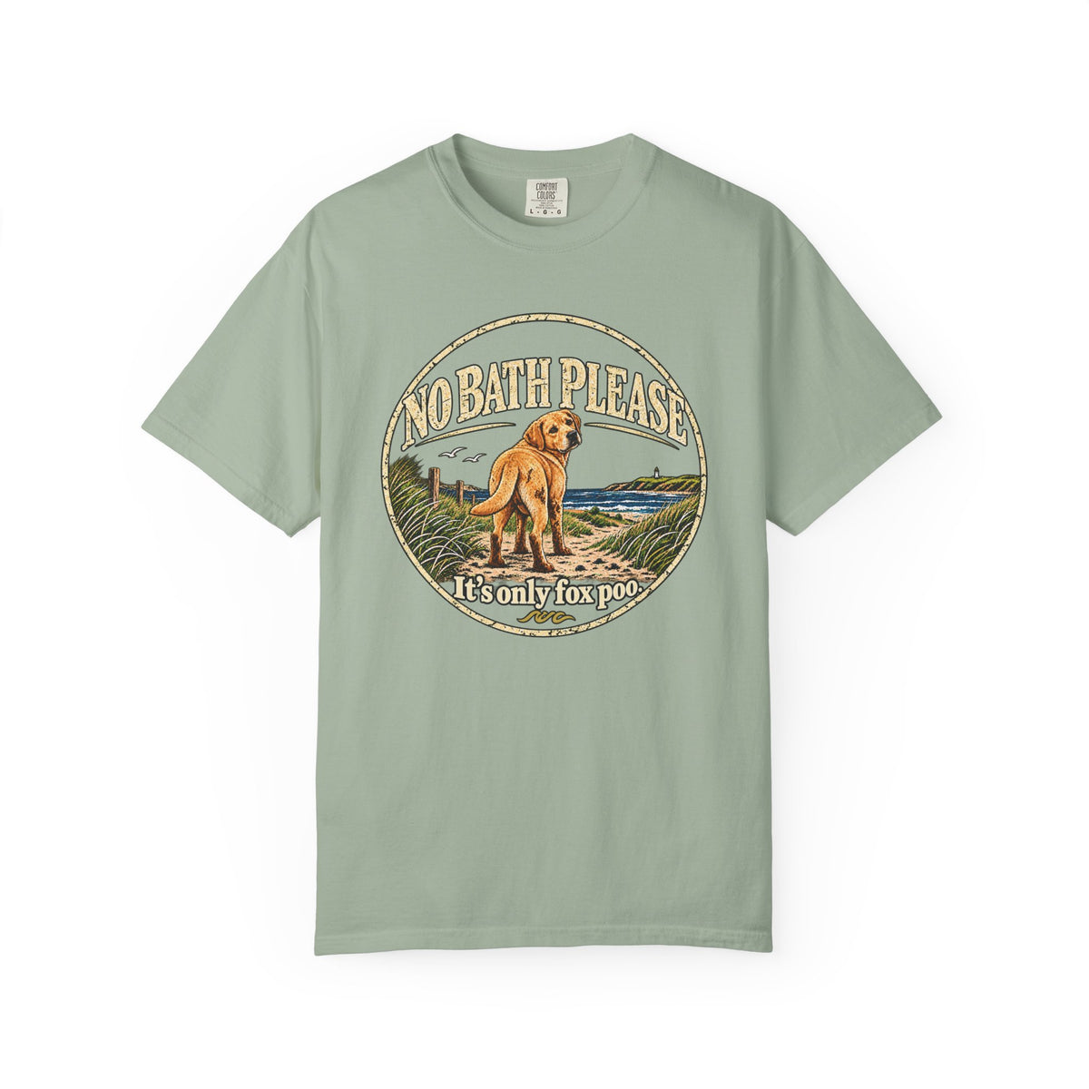 Brinehound T-shirt showing dog in a No Bath Please coastal badge.