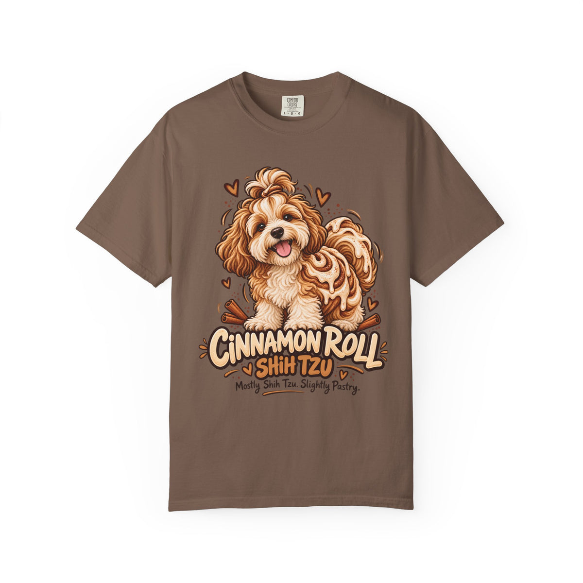 Brinehound T-shirt showing Cinnamon Roll lettering and a shaggy Shih Tzu.
