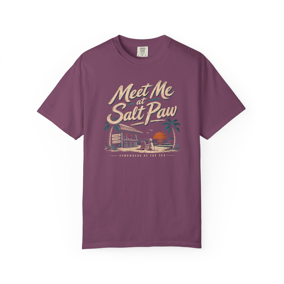 Brinehound T-shirt showing Meet Me at Salt Paw lettering and a beach-bar scene.