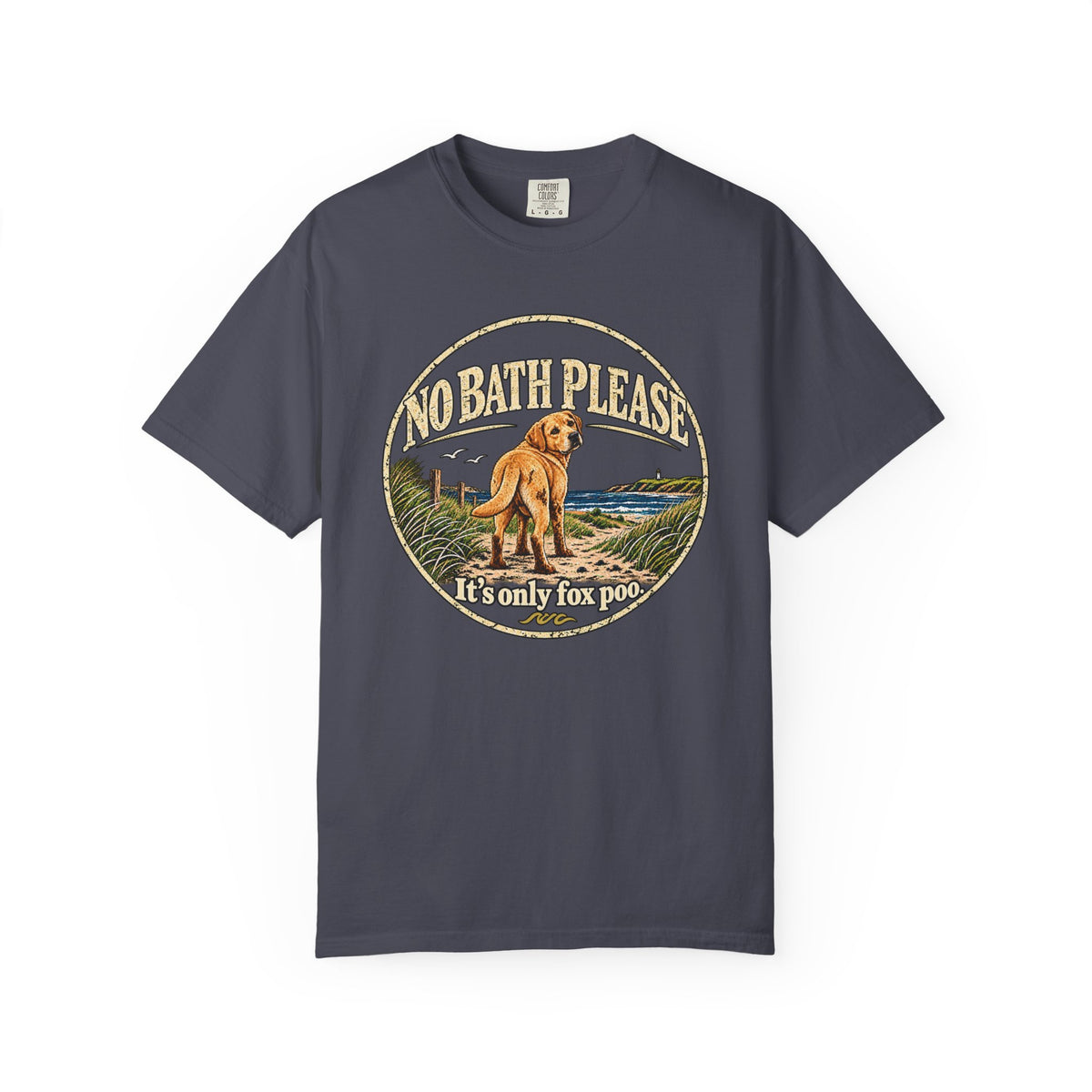 Brinehound T-shirt showing dog in a No Bath Please coastal badge.