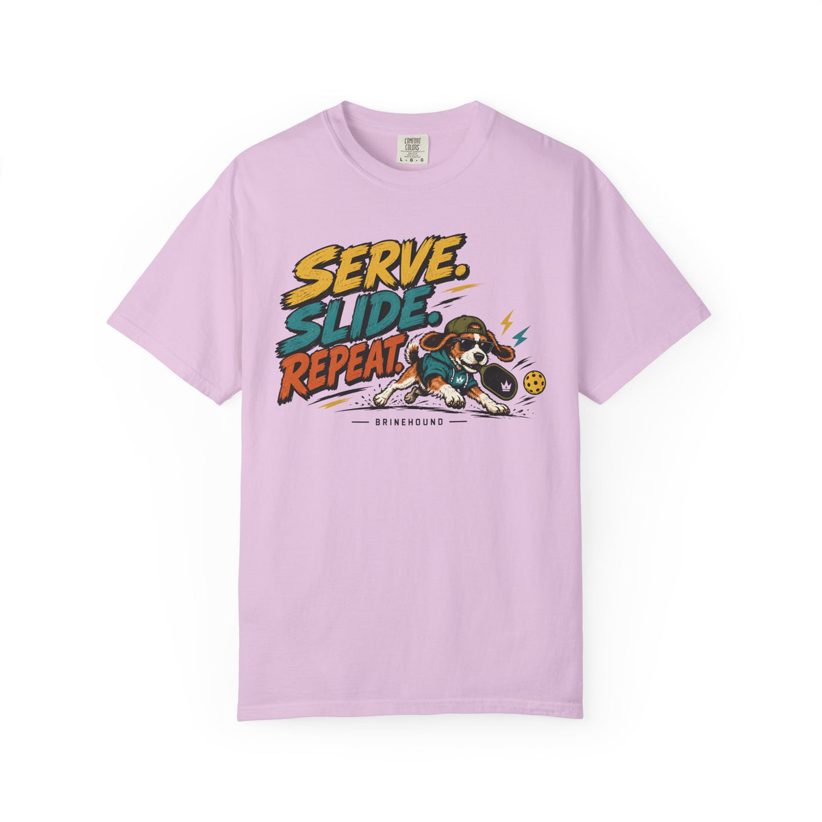 Brinehound T-shirt showing Serve Slide Repeat lettering and a dog in action.