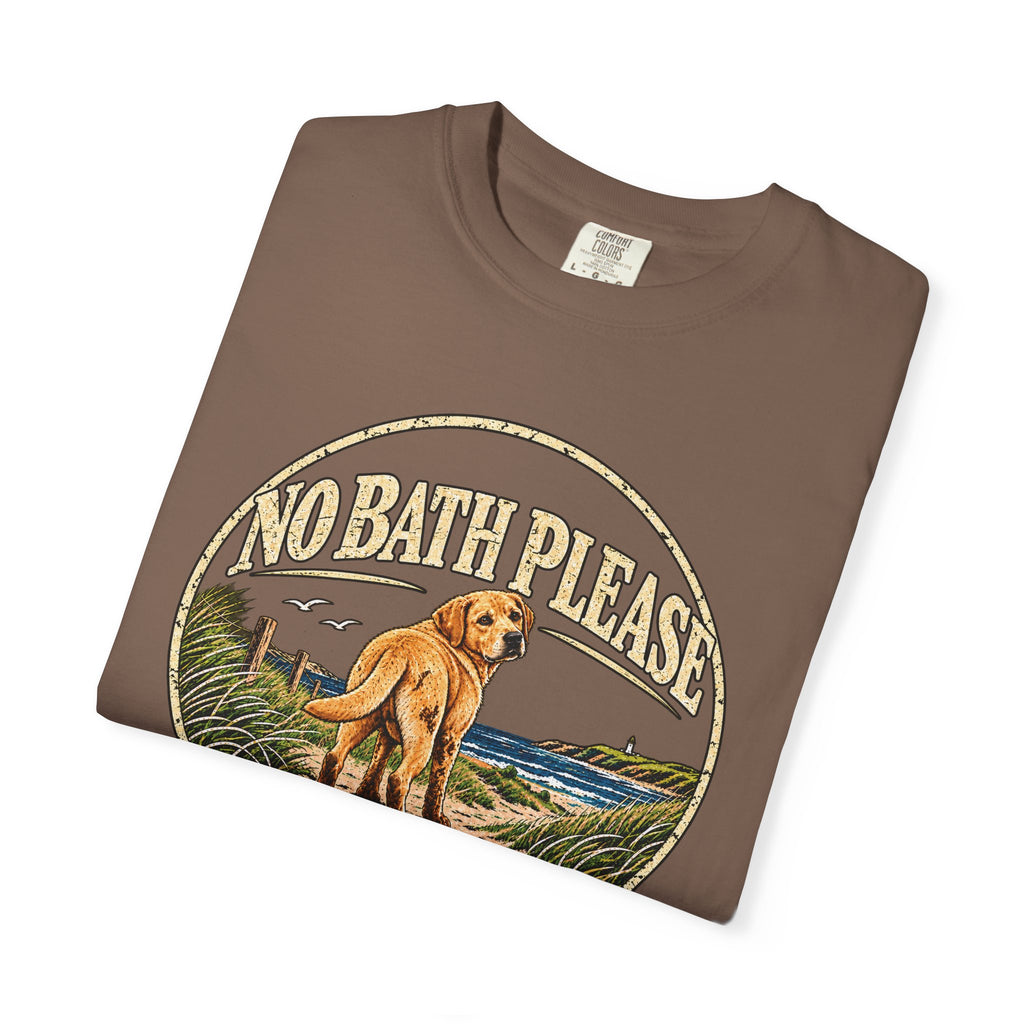 Folded Brinehound T-shirt showing dog in a No Bath Please coastal badge.