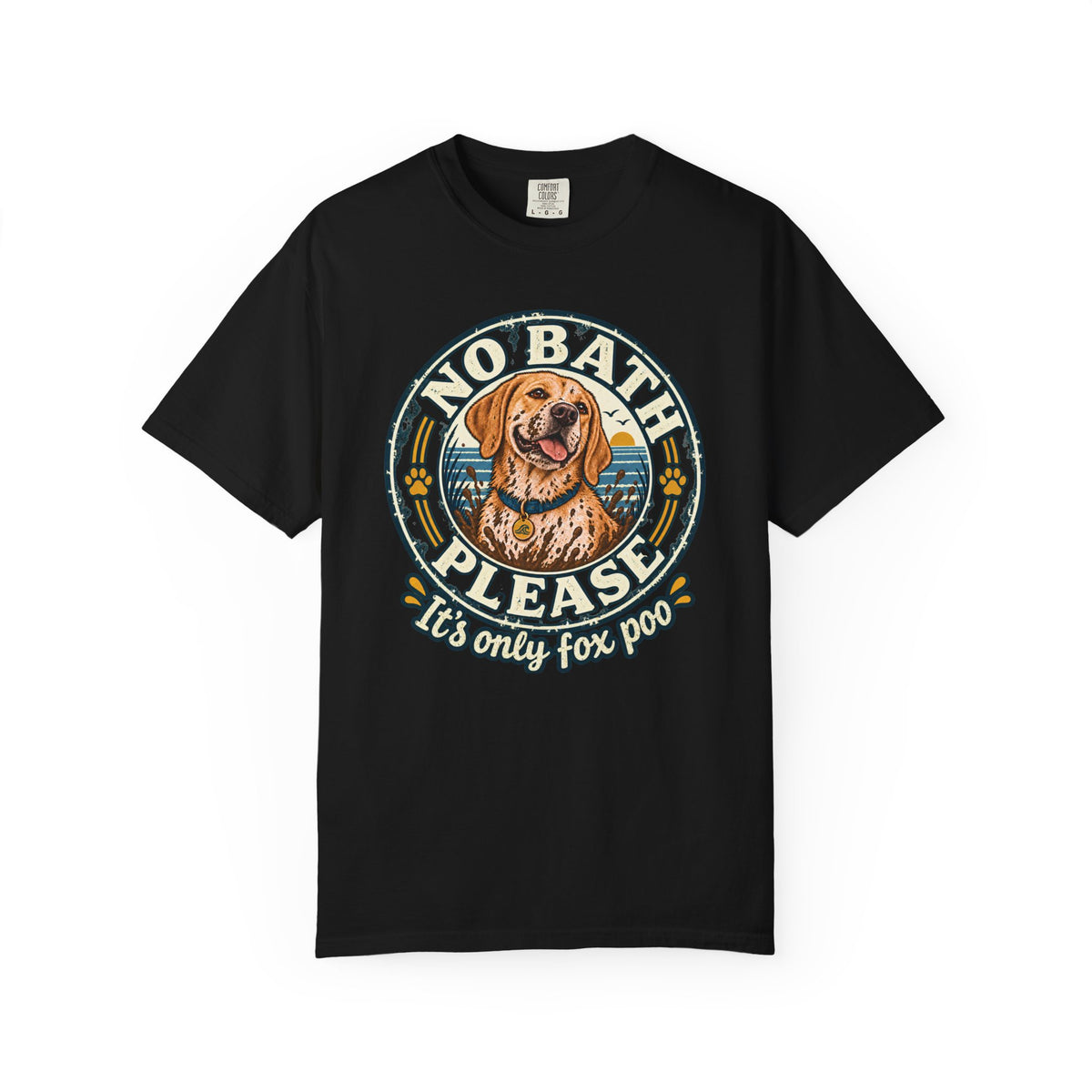 Brinehound T-shirt showing golden spaniel in a No Bath Please coastal badge.