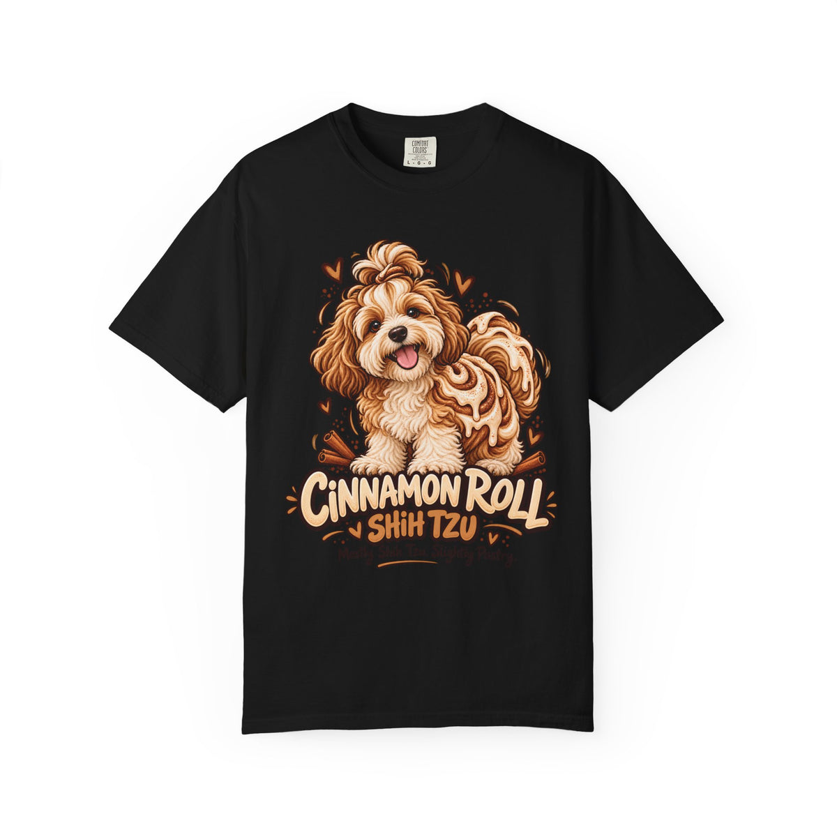 Brinehound T-shirt showing Cinnamon Roll lettering and a shaggy Shih Tzu.