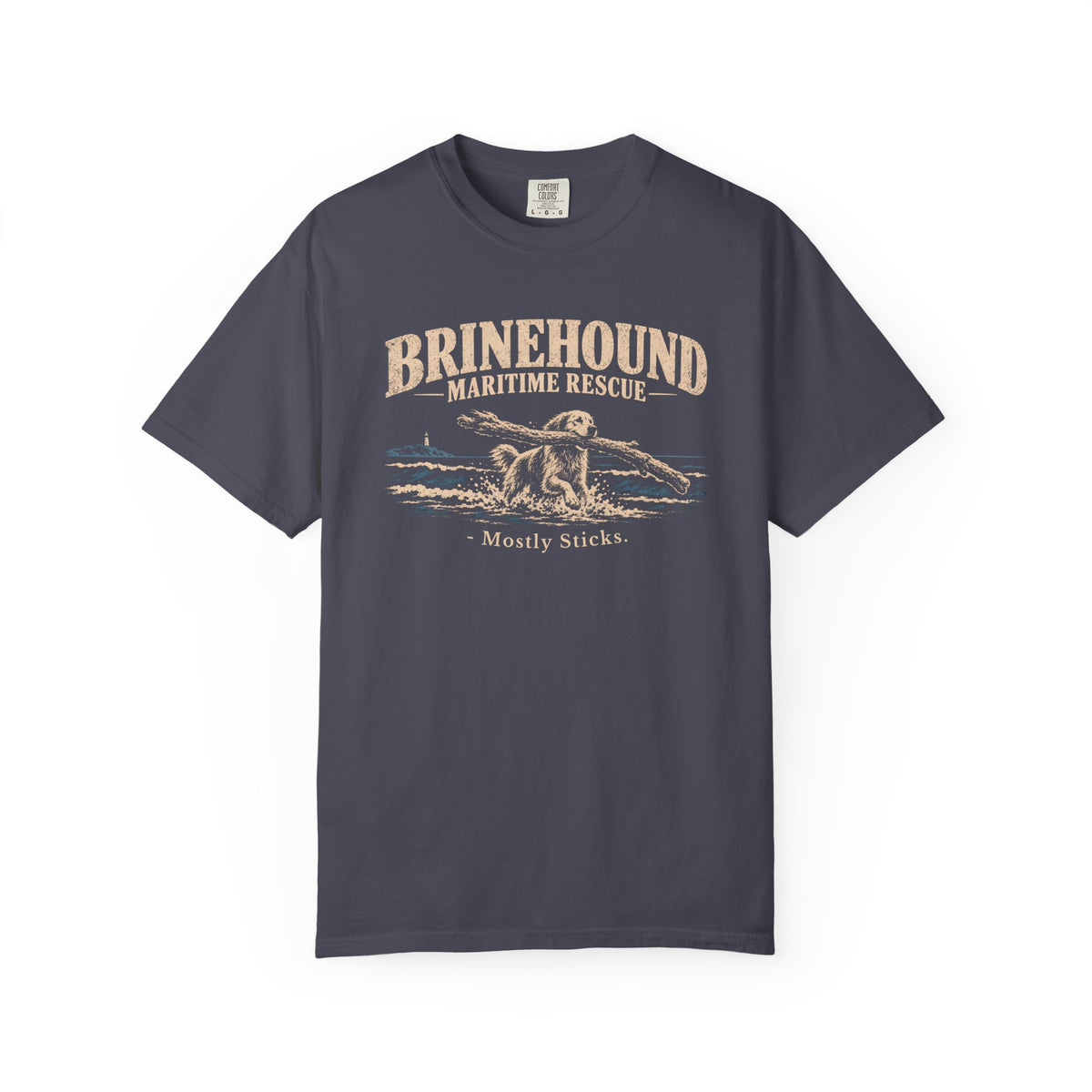 Brinehound T-shirt showing Brinehound Maritime Dogs lettering and a coastal dog illustration.