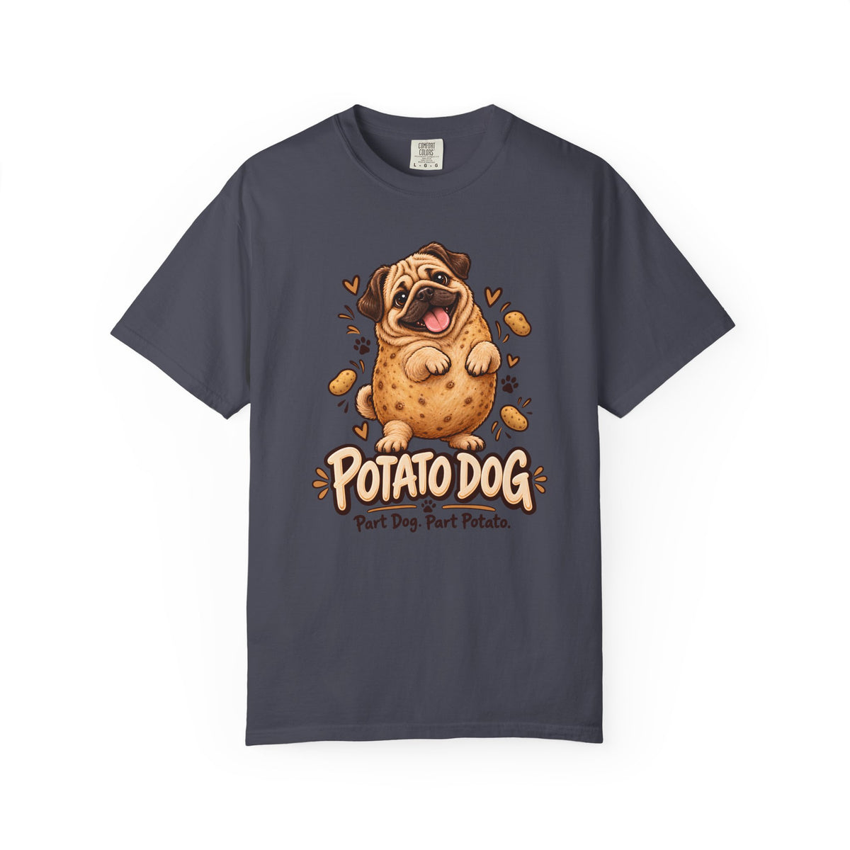 Brinehound T-shirt showing Potato Dog lettering and a round pug.