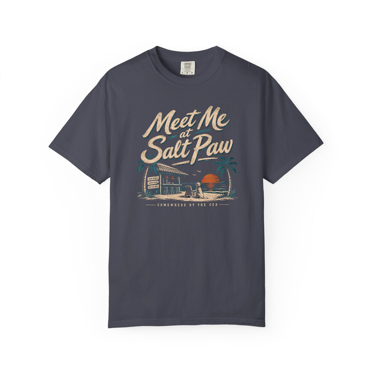 Brinehound T-shirt showing Meet Me at Salt Paw lettering and a beach-bar scene.