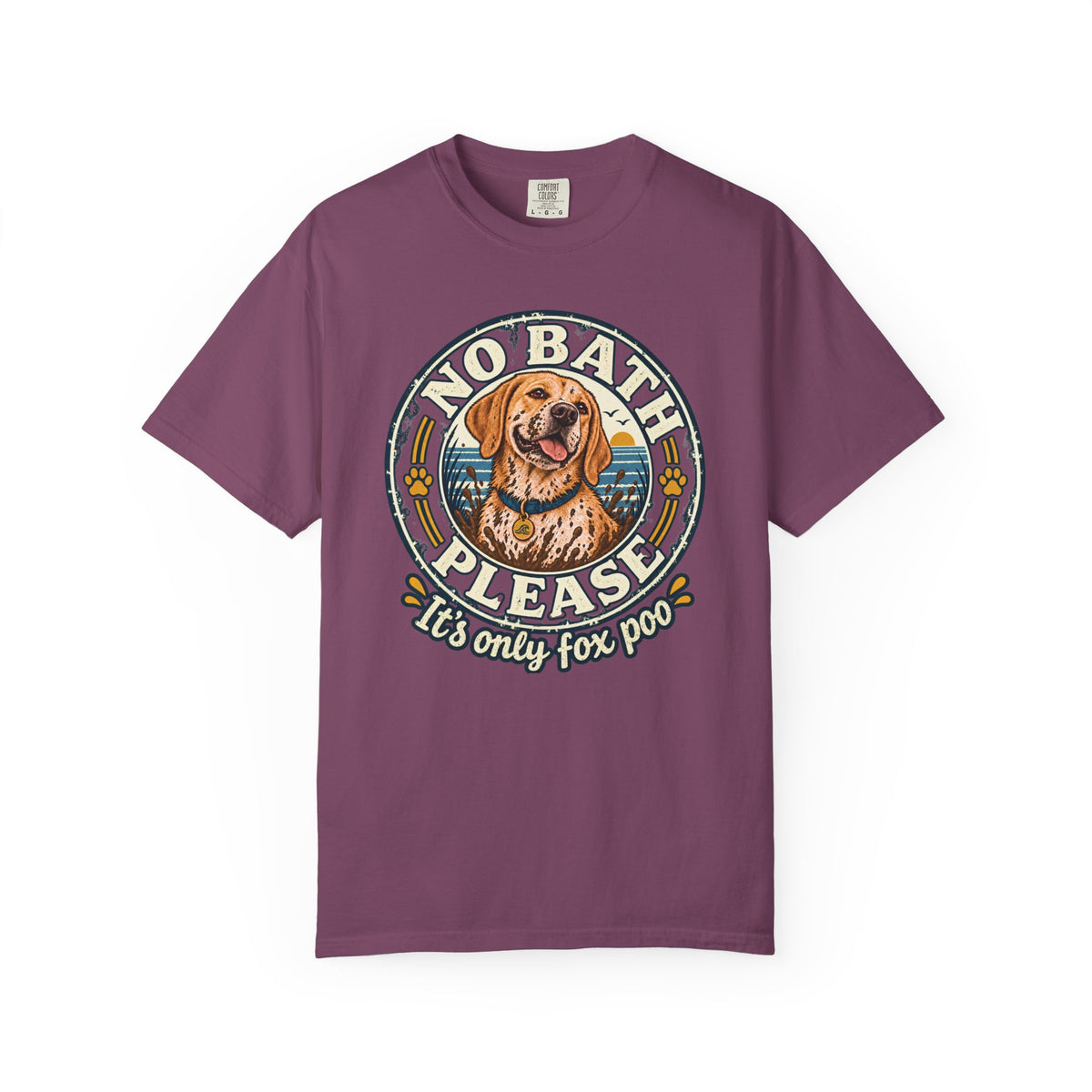 Brinehound T-shirt showing golden spaniel in a No Bath Please coastal badge.